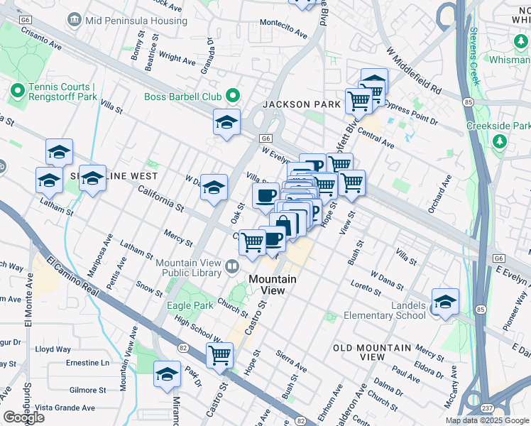 map of restaurants, bars, coffee shops, grocery stores, and more near 996 West Dana Street in Mountain View