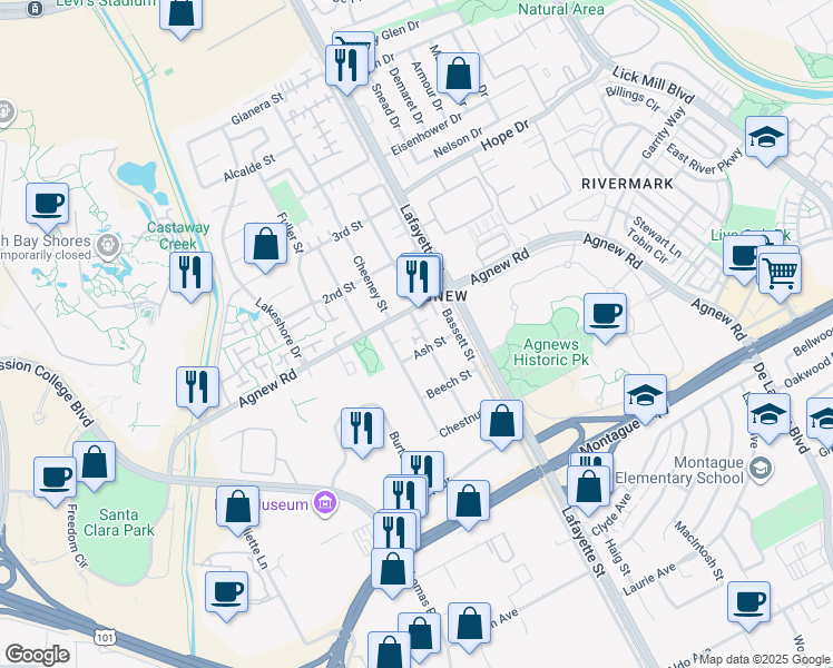 map of restaurants, bars, coffee shops, grocery stores, and more near 4252 Davis Street in Santa Clara