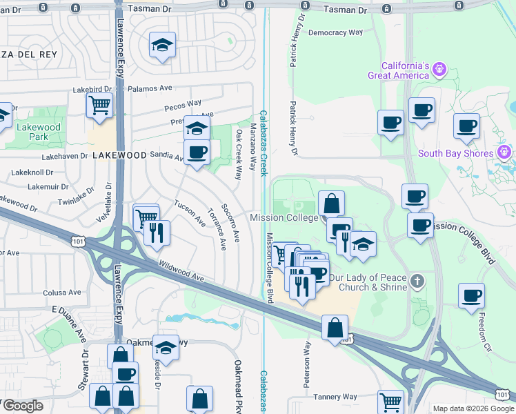 map of restaurants, bars, coffee shops, grocery stores, and more near 1126 Havenwood Avenue in Sunnyvale