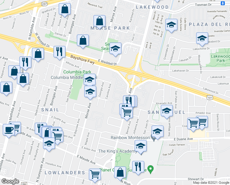 map of restaurants, bars, coffee shops, grocery stores, and more near 781 North Fair Oaks Avenue in Sunnyvale