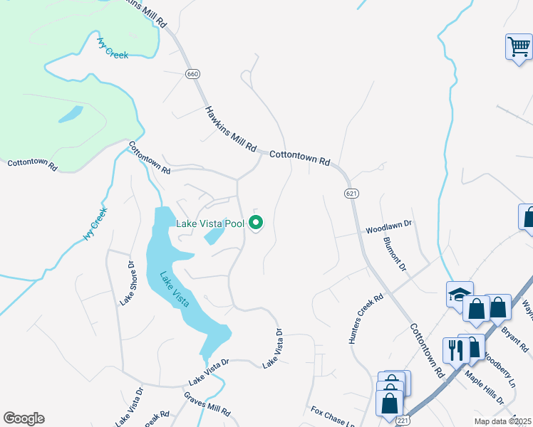 map of restaurants, bars, coffee shops, grocery stores, and more near 105 Forest Oaks Drive in Forest