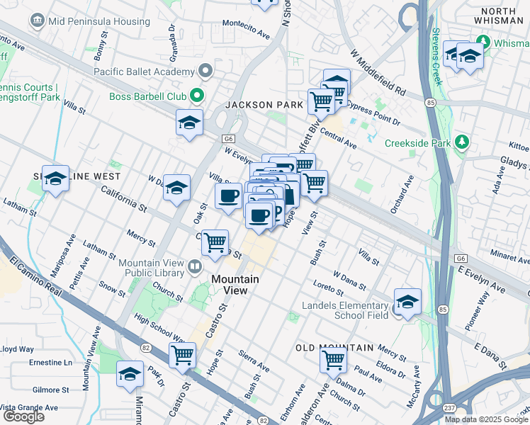 map of restaurants, bars, coffee shops, grocery stores, and more near 234 Castro Street in Mountain View