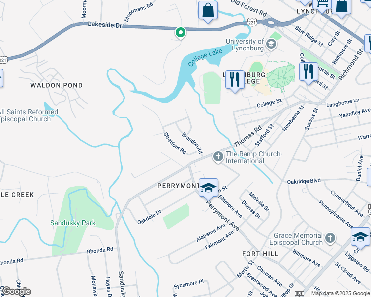 map of restaurants, bars, coffee shops, grocery stores, and more near 1118 Stratford Rd in Lynchburg