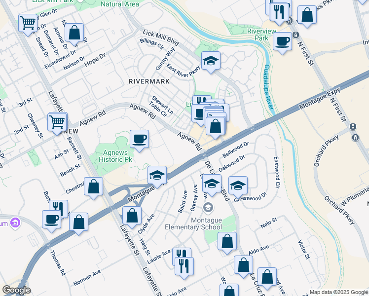 map of restaurants, bars, coffee shops, grocery stores, and more near 730 Agnew Road in Santa Clara