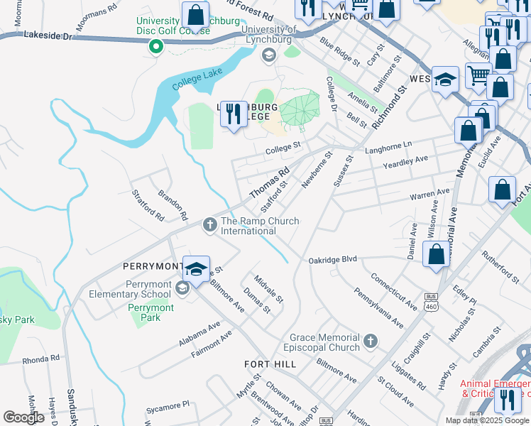 map of restaurants, bars, coffee shops, grocery stores, and more near 515 Stafford Street in Lynchburg