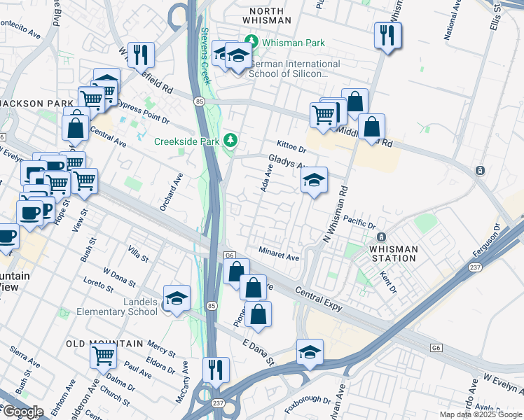 map of restaurants, bars, coffee shops, grocery stores, and more near 183 Ada Avenue in Mountain View