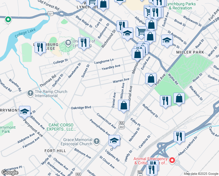 map of restaurants, bars, coffee shops, grocery stores, and more near 300 Bennett Avenue in Lynchburg
