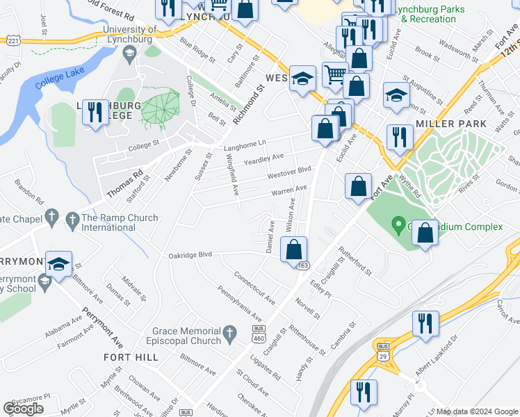 map of restaurants, bars, coffee shops, grocery stores, and more near 300 Bennett Avenue in Lynchburg