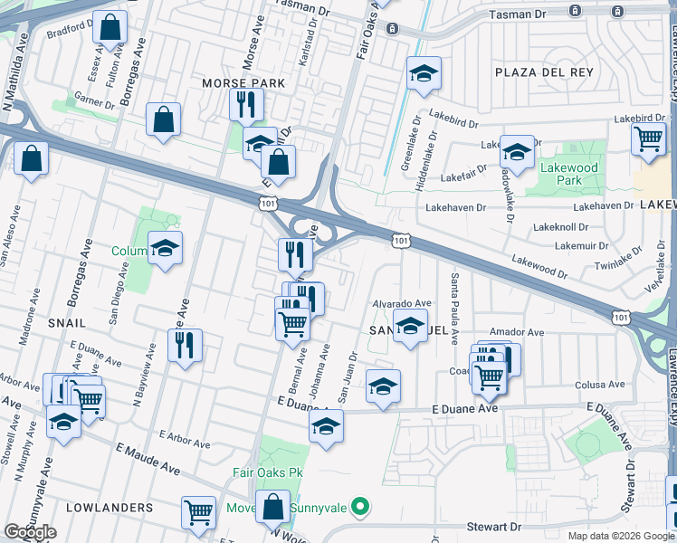 map of restaurants, bars, coffee shops, grocery stores, and more near 608 Arcadia Terrace in Sunnyvale