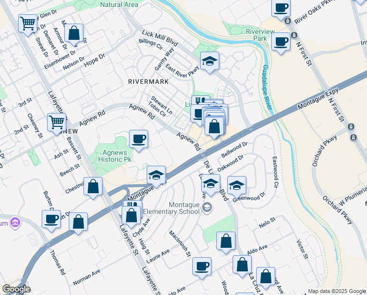 map of restaurants, bars, coffee shops, grocery stores, and more near 730 Agnew Road in Santa Clara