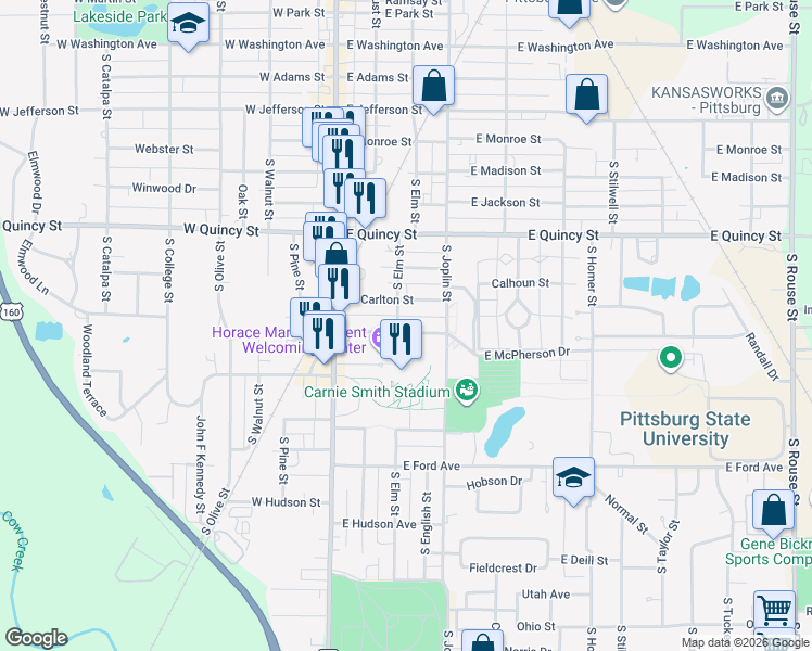 map of restaurants, bars, coffee shops, grocery stores, and more near 201 East Williams Street in Pittsburg