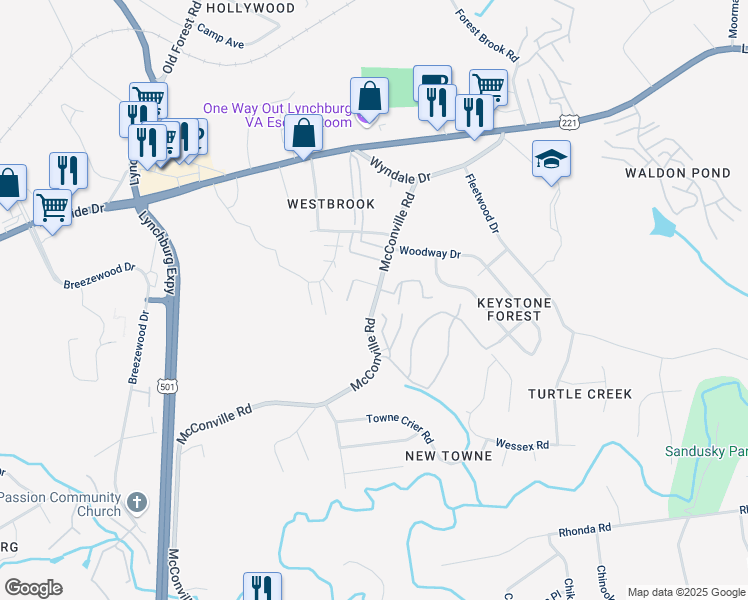 map of restaurants, bars, coffee shops, grocery stores, and more near 227A McConville Road in Lynchburg