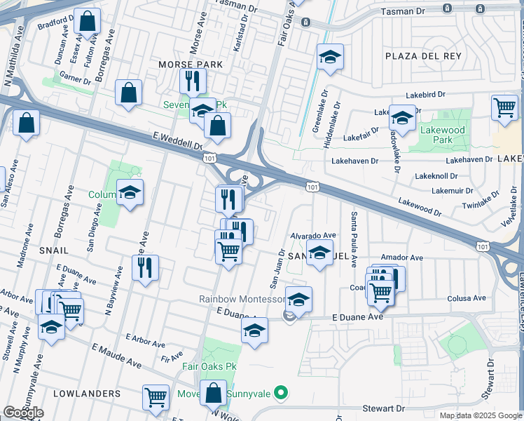 map of restaurants, bars, coffee shops, grocery stores, and more near 608 Arcadia Terrace in Sunnyvale