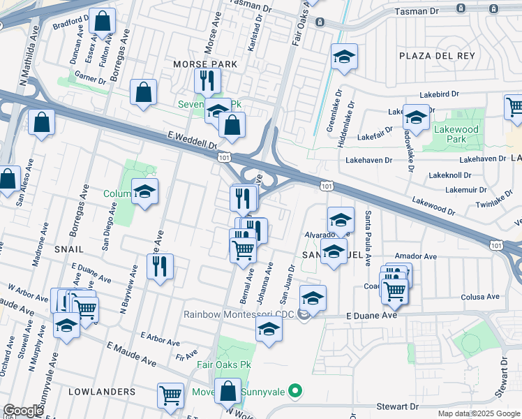 map of restaurants, bars, coffee shops, grocery stores, and more near 602 Ahwanee Avenue in Sunnyvale