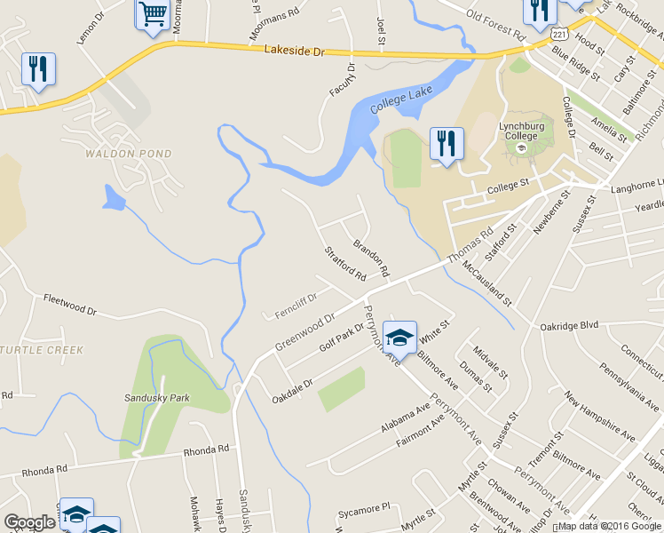 map of restaurants, bars, coffee shops, grocery stores, and more near 1131 Stratford Road in Lynchburg