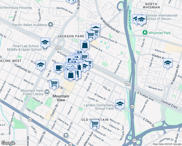 map of restaurants, bars, coffee shops, grocery stores, and more near 560 Front Lane in Mountain View