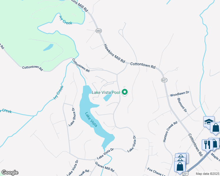 map of restaurants, bars, coffee shops, grocery stores, and more near 2221 Deer Run in Forest