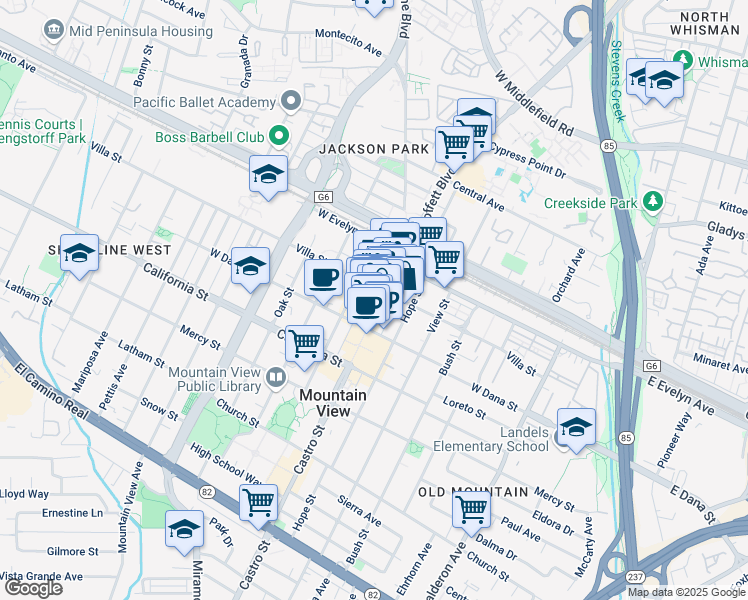 map of restaurants, bars, coffee shops, grocery stores, and more near 234 Castro Street in Mountain View