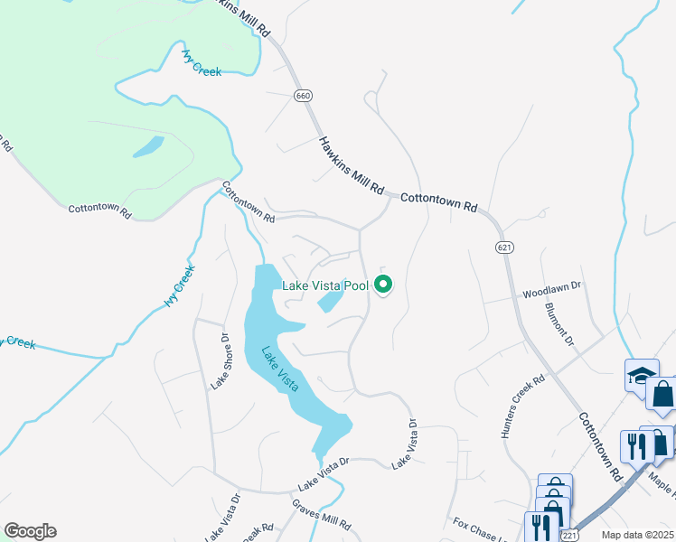 map of restaurants, bars, coffee shops, grocery stores, and more near 2214 Deer Run in Forest