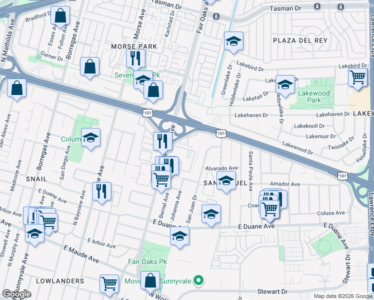 map of restaurants, bars, coffee shops, grocery stores, and more near 608 Arcadia Terrace in Sunnyvale