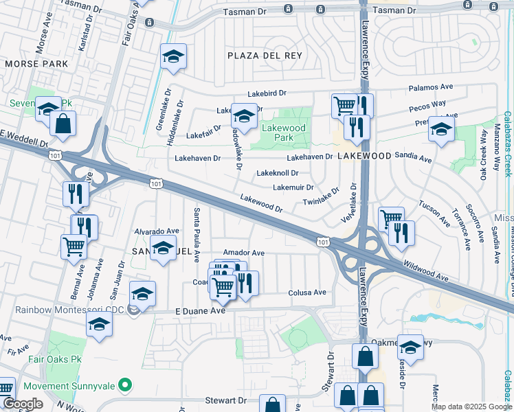 map of restaurants, bars, coffee shops, grocery stores, and more near 782 Lakewood Drive in Sunnyvale