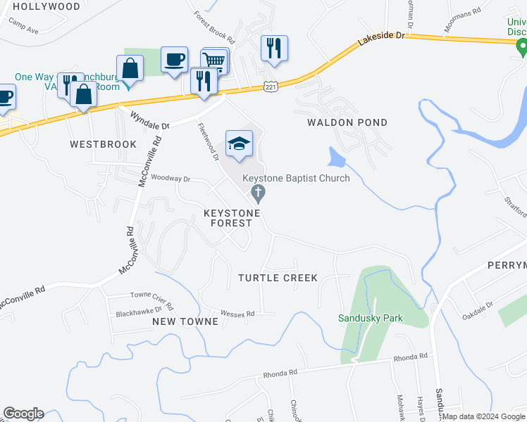 map of restaurants, bars, coffee shops, grocery stores, and more near 300 Fleetwood Drive in Lynchburg