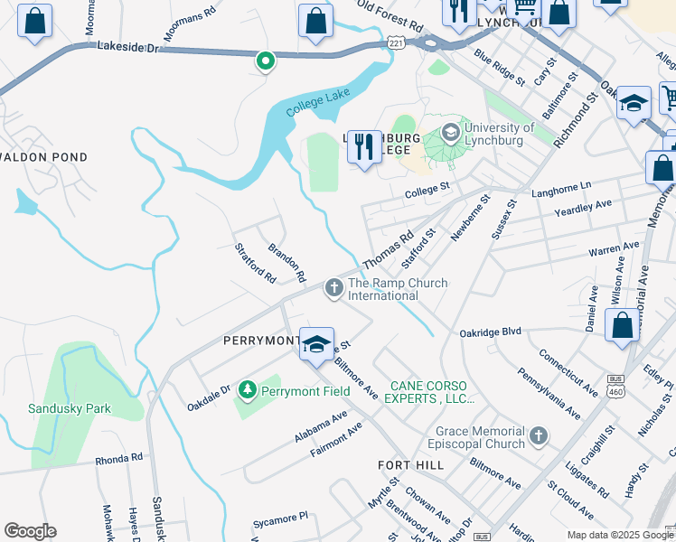 map of restaurants, bars, coffee shops, grocery stores, and more near 618 Thomas Road in Lynchburg