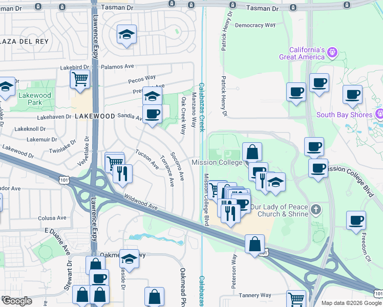 map of restaurants, bars, coffee shops, grocery stores, and more near 1126 Havenwood Avenue in Sunnyvale