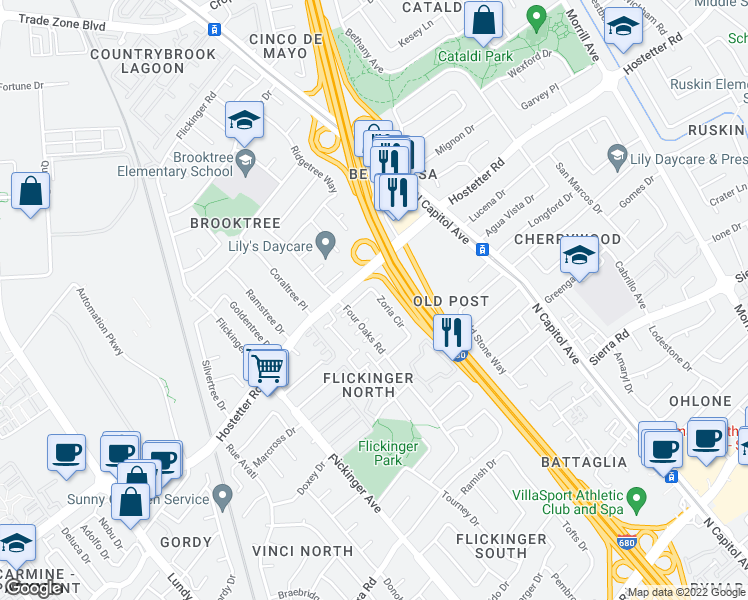 map of restaurants, bars, coffee shops, grocery stores, and more near 2269 Zoria Circle in San Jose