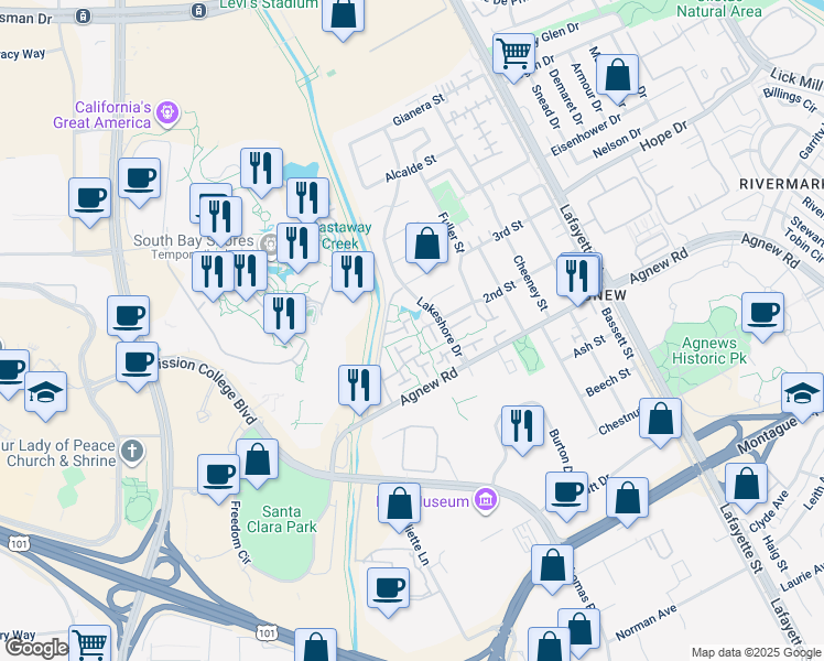 map of restaurants, bars, coffee shops, grocery stores, and more near 2376 Shoreside Court in Santa Clara
