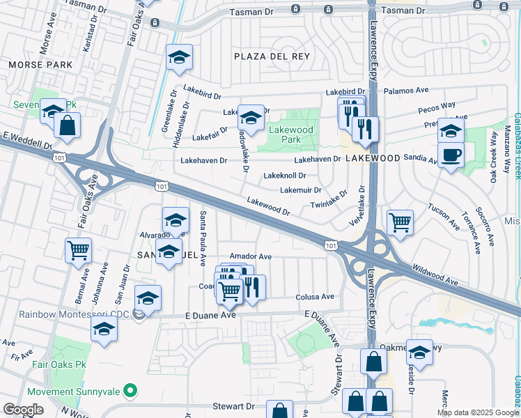 map of restaurants, bars, coffee shops, grocery stores, and more near 782 Lakewood Drive in Sunnyvale
