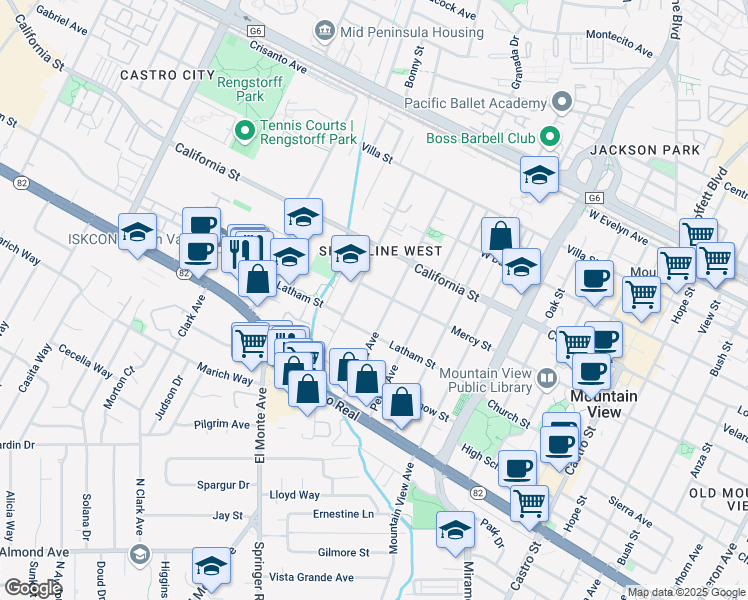 map of restaurants, bars, coffee shops, grocery stores, and more near 1631 Mercy Street in Mountain View