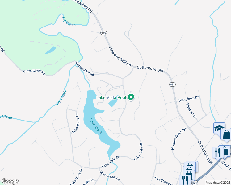 map of restaurants, bars, coffee shops, grocery stores, and more near 2221 Deer Run in Forest