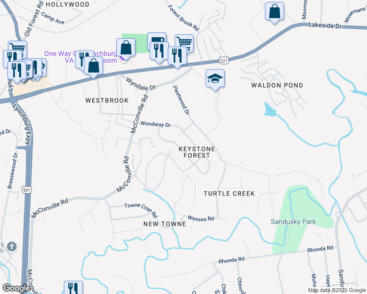 map of restaurants, bars, coffee shops, grocery stores, and more near 316 Keywood Drive in Lynchburg