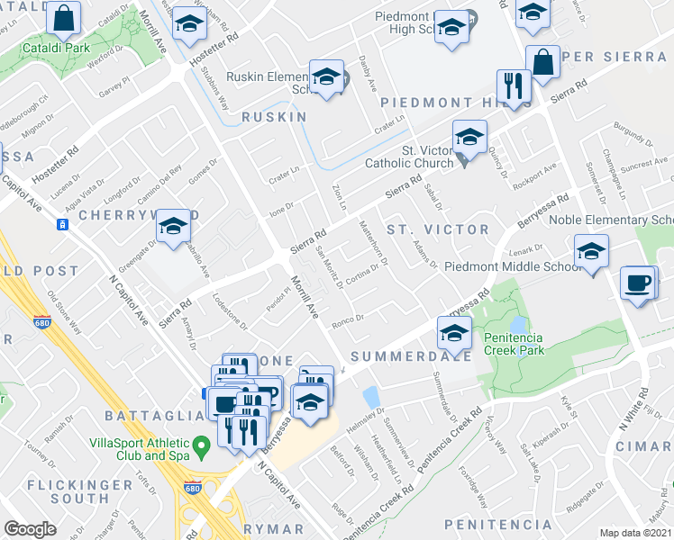map of restaurants, bars, coffee shops, grocery stores, and more near 1238 San Moritz Drive in San Jose