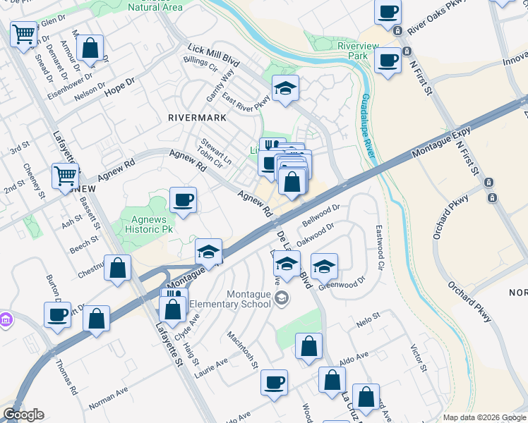 map of restaurants, bars, coffee shops, grocery stores, and more near 730 Agnew Road in Santa Clara