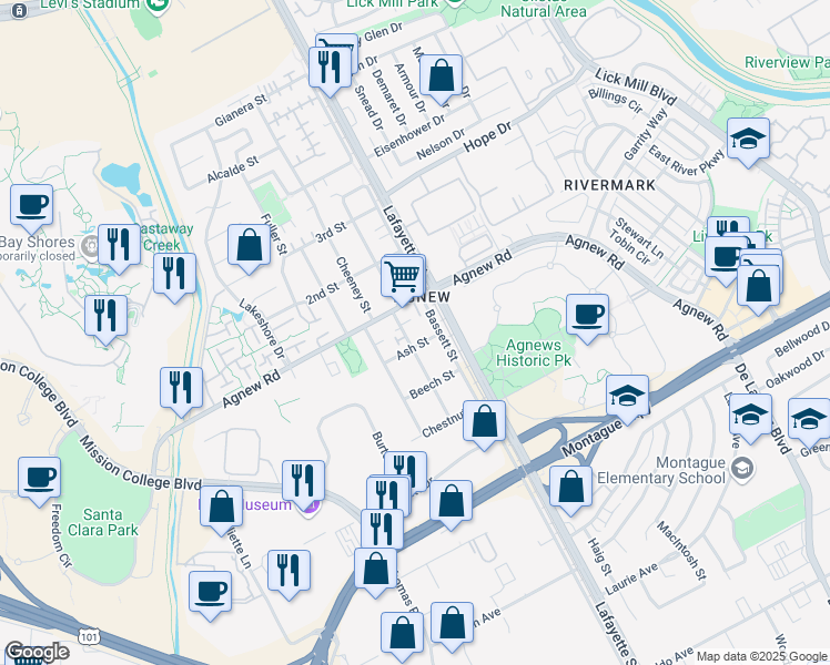 map of restaurants, bars, coffee shops, grocery stores, and more near 1895 Ash Street in Santa Clara