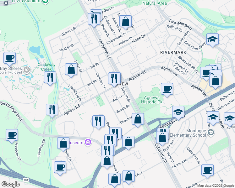 map of restaurants, bars, coffee shops, grocery stores, and more near 1895 Ash Street in Santa Clara