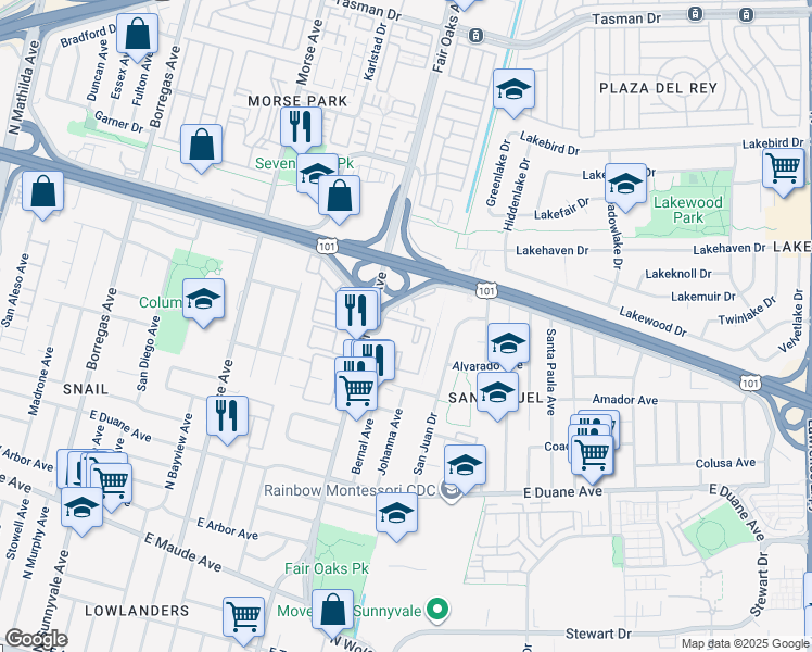 map of restaurants, bars, coffee shops, grocery stores, and more near 608 Arcadia Terrace in Sunnyvale