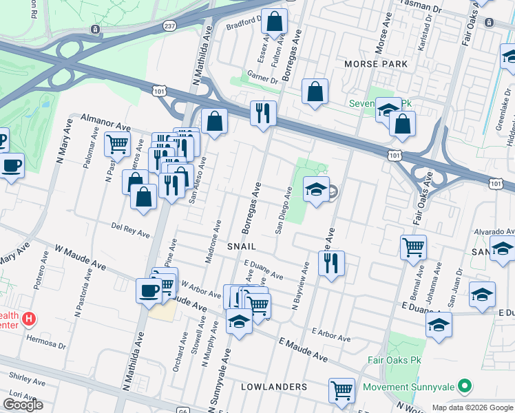 map of restaurants, bars, coffee shops, grocery stores, and more near 692 Borregas Avenue in Sunnyvale