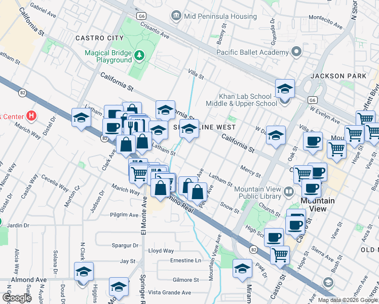 map of restaurants, bars, coffee shops, grocery stores, and more near 496 Chiquita Avenue in Mountain View