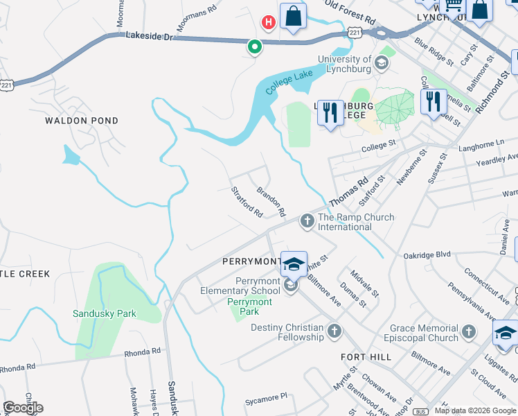 map of restaurants, bars, coffee shops, grocery stores, and more near 1118 Stratford Road in Lynchburg