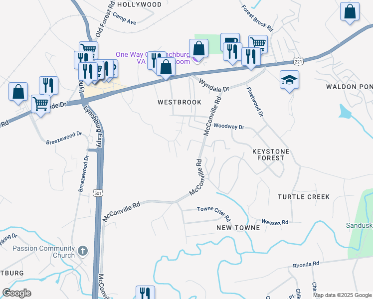 map of restaurants, bars, coffee shops, grocery stores, and more near 101H Hampden Drive in Lynchburg