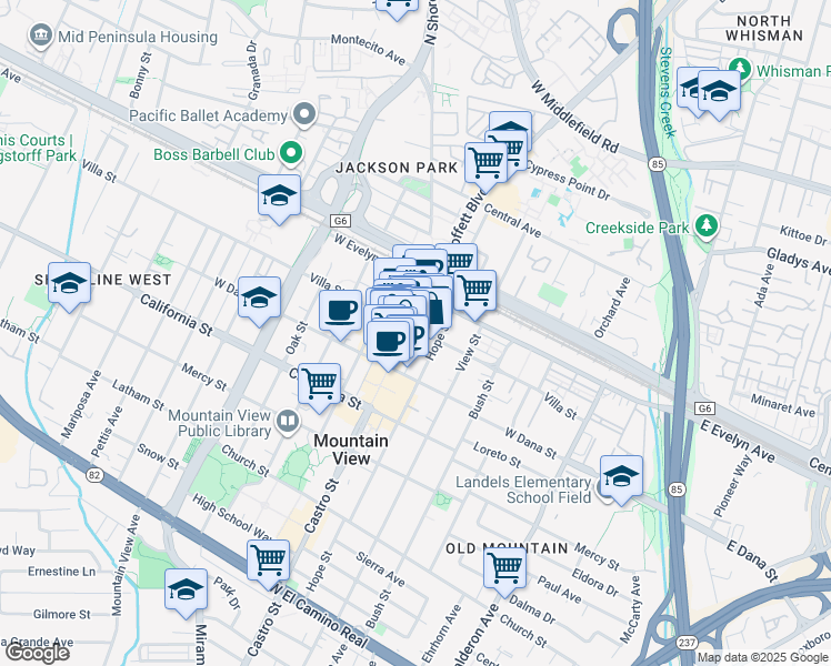 map of restaurants, bars, coffee shops, grocery stores, and more near 234 Castro Street in Mountain View