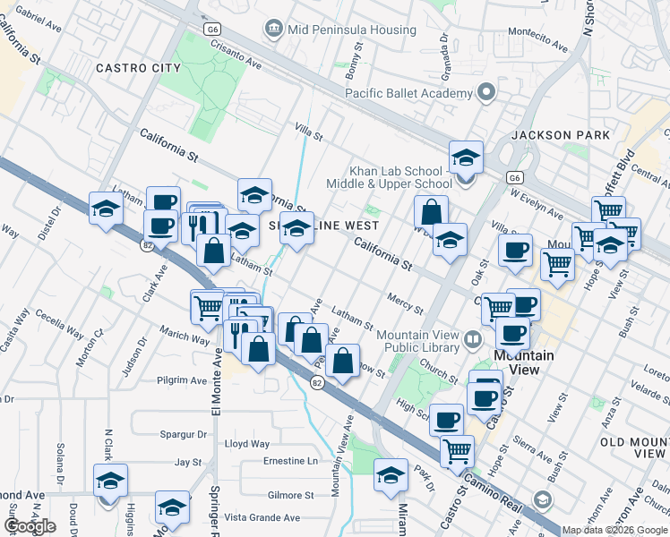 map of restaurants, bars, coffee shops, grocery stores, and more near Mariposa Avenue in Mountain View