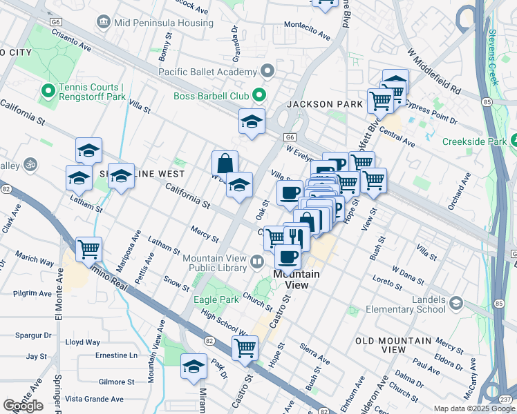 map of restaurants, bars, coffee shops, grocery stores, and more near 336 Oak Street in Mountain View