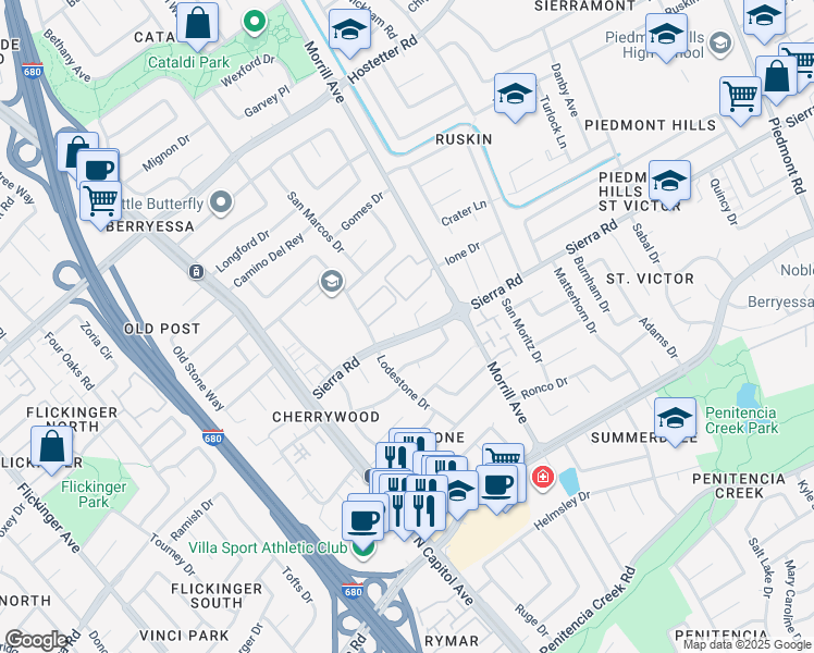 map of restaurants, bars, coffee shops, grocery stores, and more near 2705 Sierra Road in San Jose