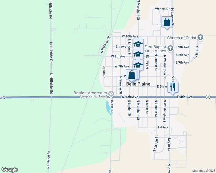 map of restaurants, bars, coffee shops, grocery stores, and more near 599 W 5th Ave in Belle Plaine