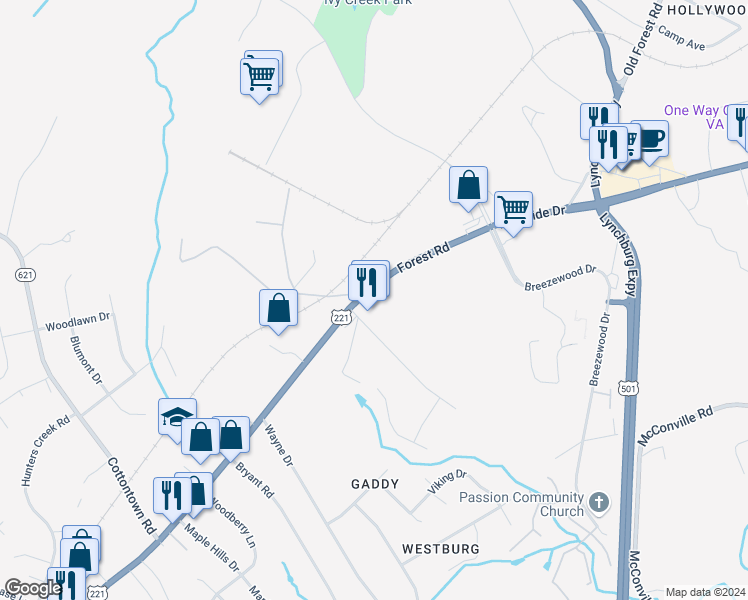 map of restaurants, bars, coffee shops, grocery stores, and more near 19423 Forest Road in Lynchburg