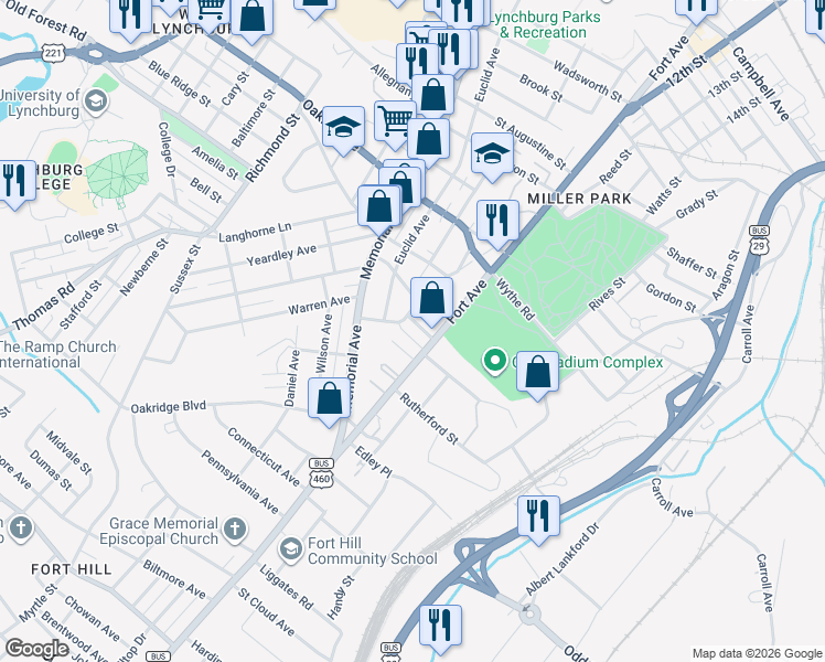 map of restaurants, bars, coffee shops, grocery stores, and more near 1107 East Grand Avenue in Lynchburg
